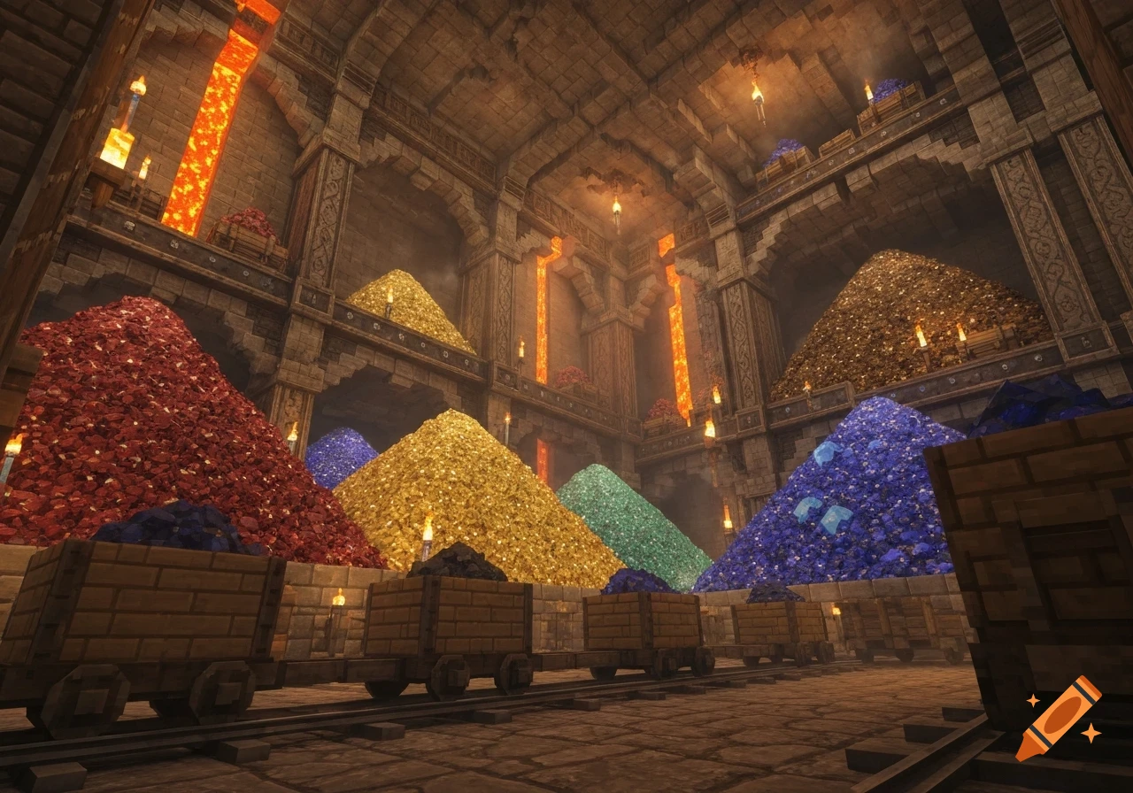 A Minecraft-style dwarven underground hall filled with huge piles of colorful gems and ore, with minecarts on tracks.
