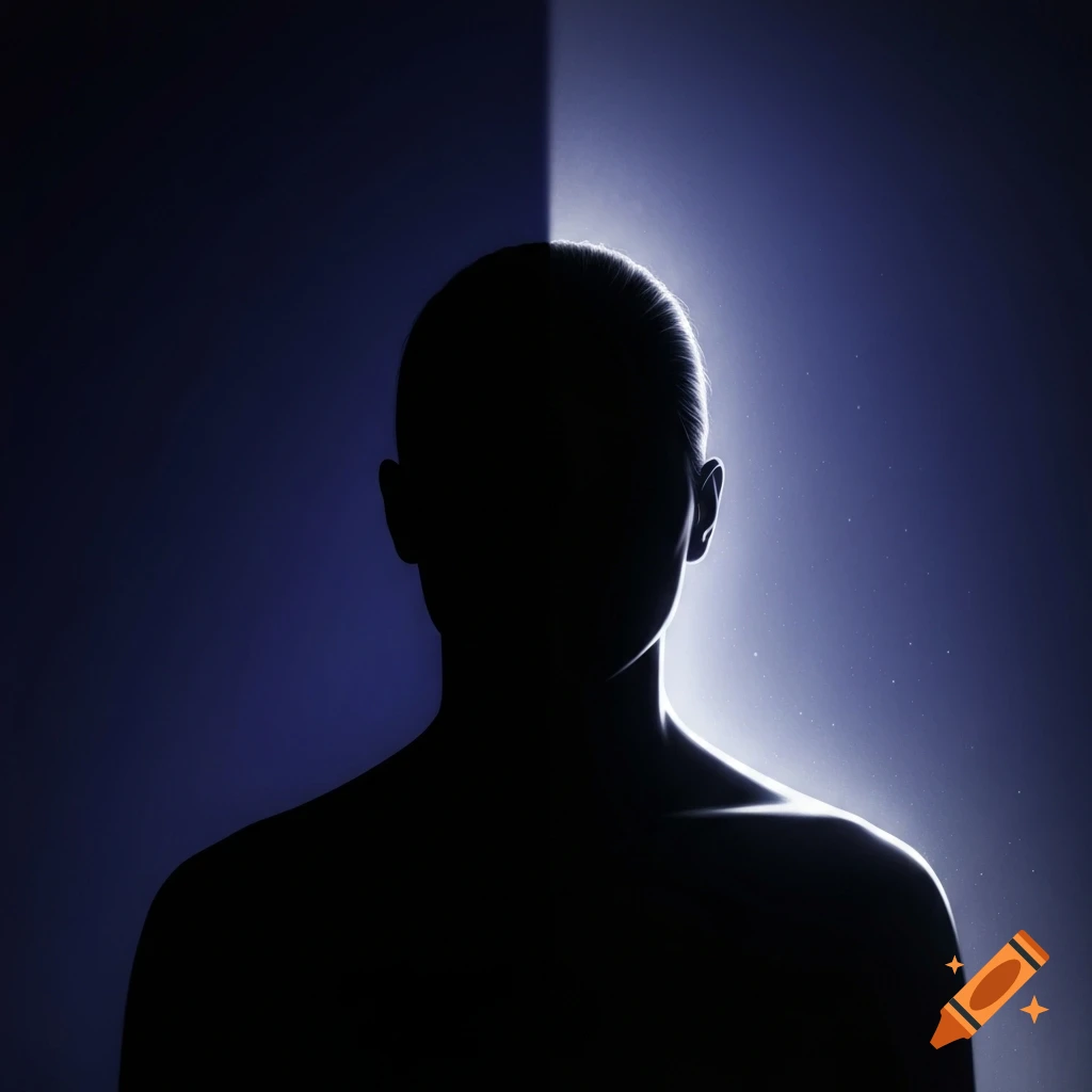 Minimalist silhouette portrait of a person dramatically backlit by a bright white light on a dark blue background.