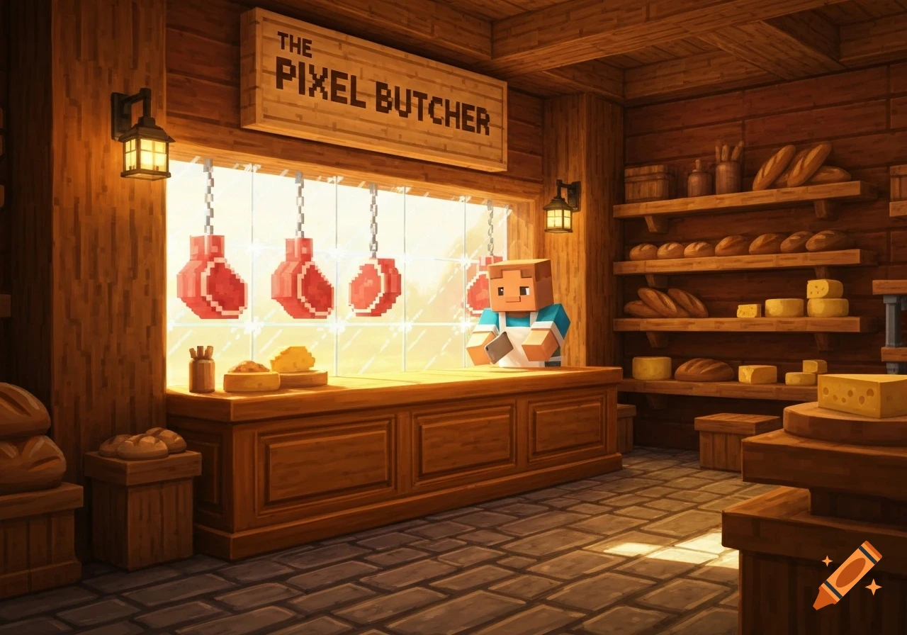 A vibrant Minecraft-style butcher shop interior with a blocky butcher, pixelated meat hanging, and shelves filled with bread and cheese.