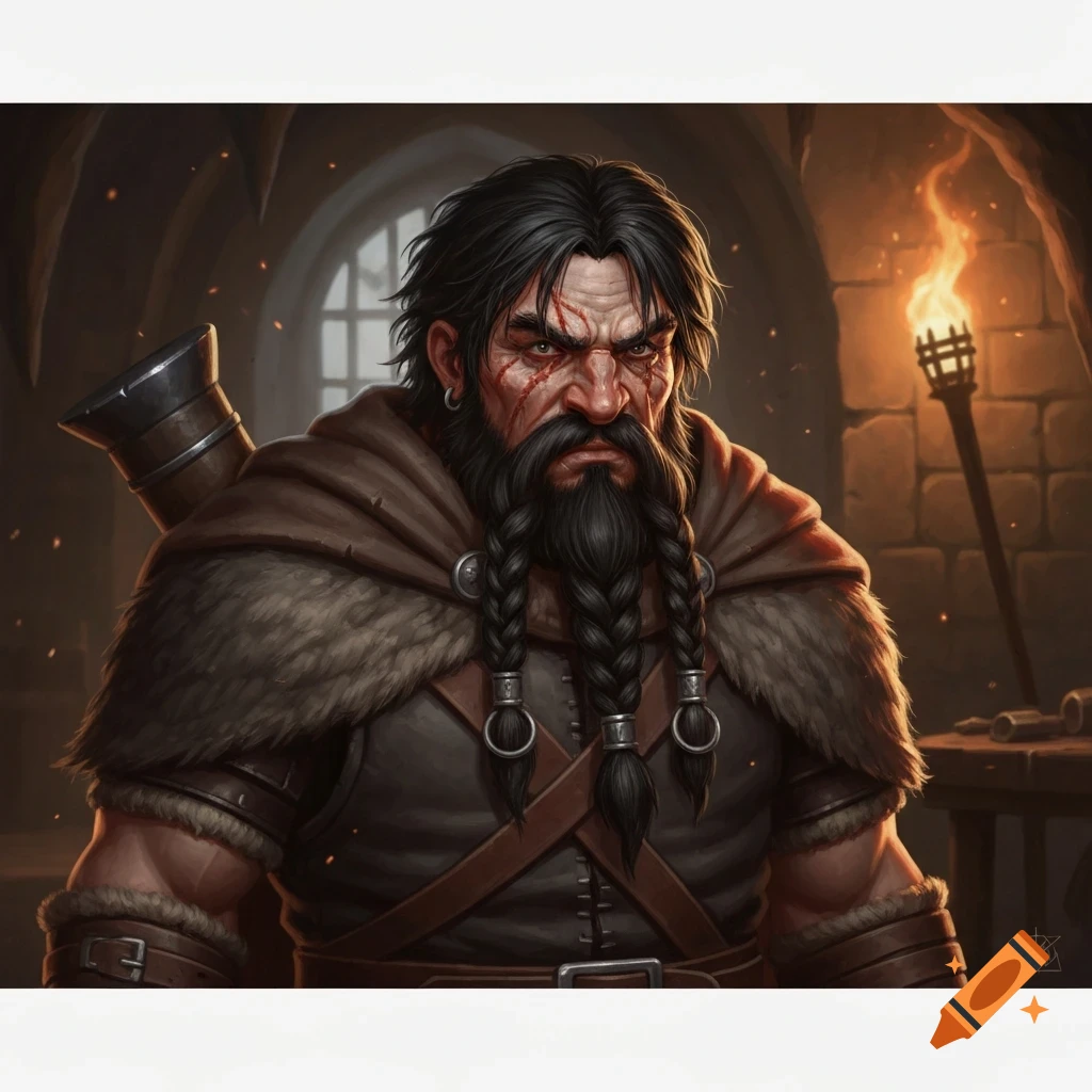 A grim fantasy dwarf warrior with braided black hair and facial scars, wearing a fur cloak, standing in a torch-lit dungeon.