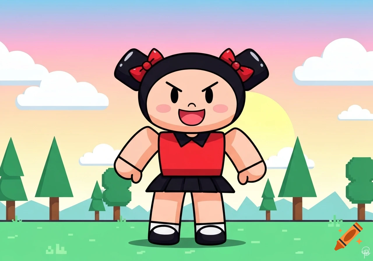 A cute, angry-looking cartoon girl with black hair and red bows, wearing a red top and black skirt, stands in a green field with trees under a pink and blue sky.