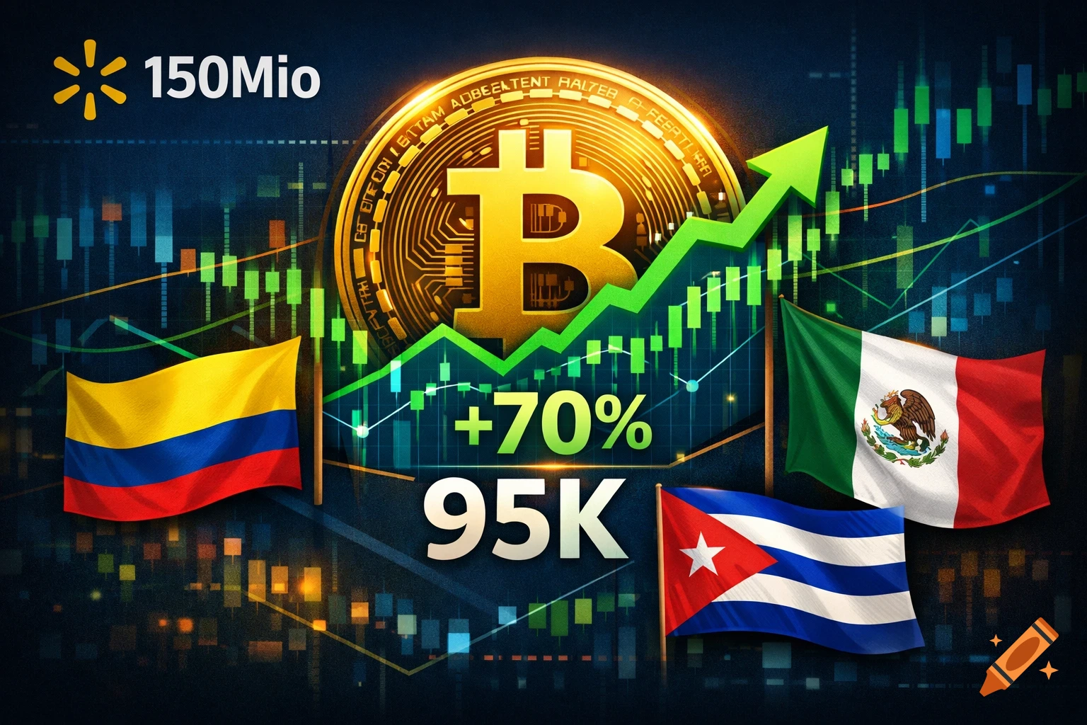 Financial chart with a golden Bitcoin coin, upward green arrow, '+70%', '95K', and flags of Colombia, Mexico, Cuba, plus a Walmart-like logo.