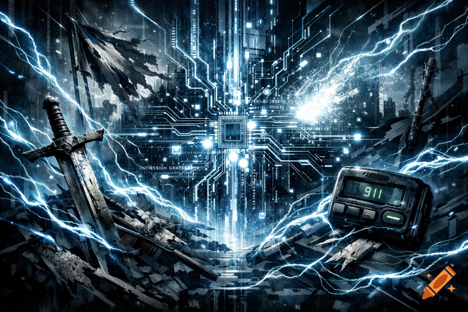 A cyberpunk battlefield with a broken sword and tattered flag on the left, a circuit board with glowing blue lines in the center, and a pager displaying '911' on the right, all surrounded by blue lightning against a dark, dystopian city background.
