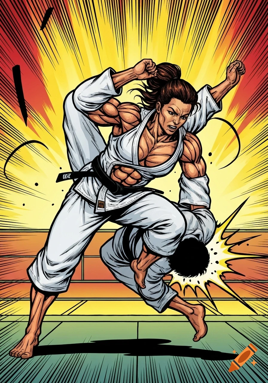 A muscular female judoka in a white gi executes a throw on an opponent, rendered in a dynamic comic book art style with a burst background.