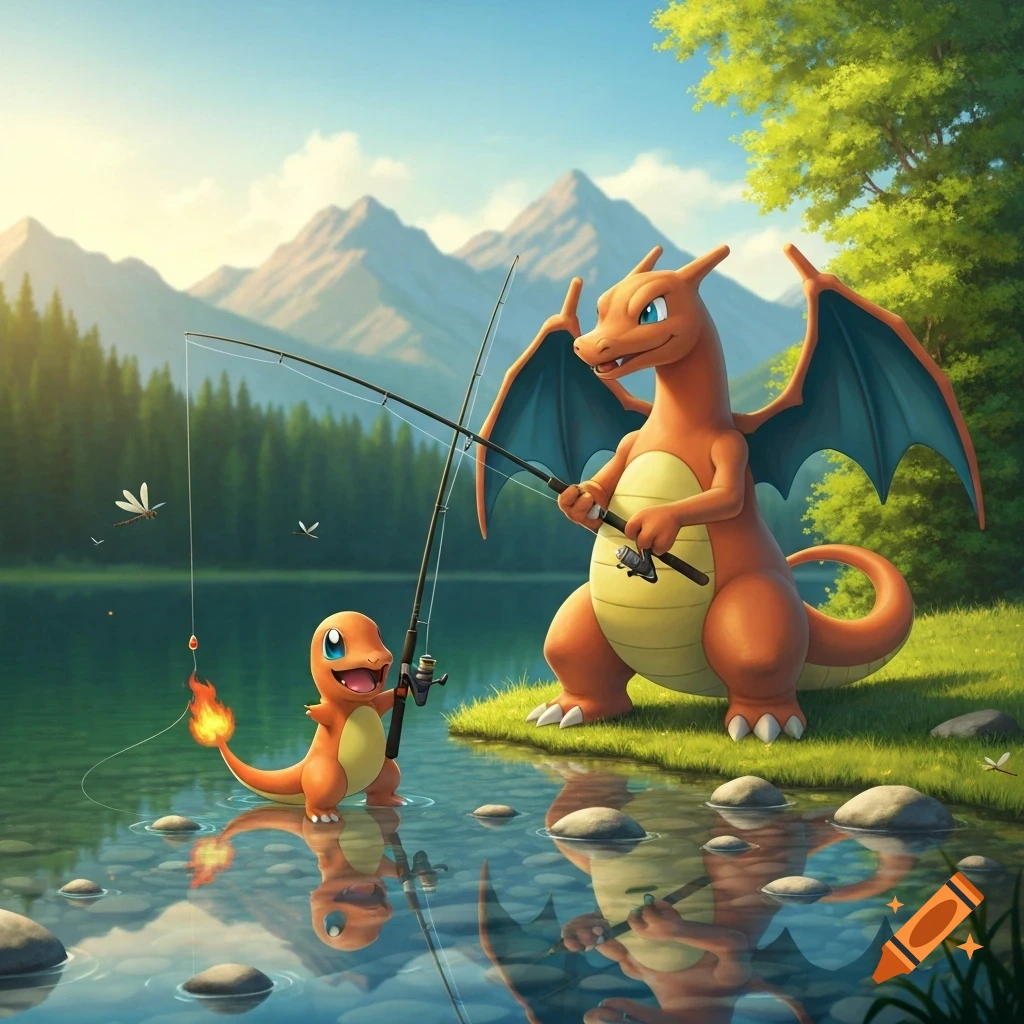 Charizard and Charmander fish in a serene lake with mountains and forests under a sunny sky.