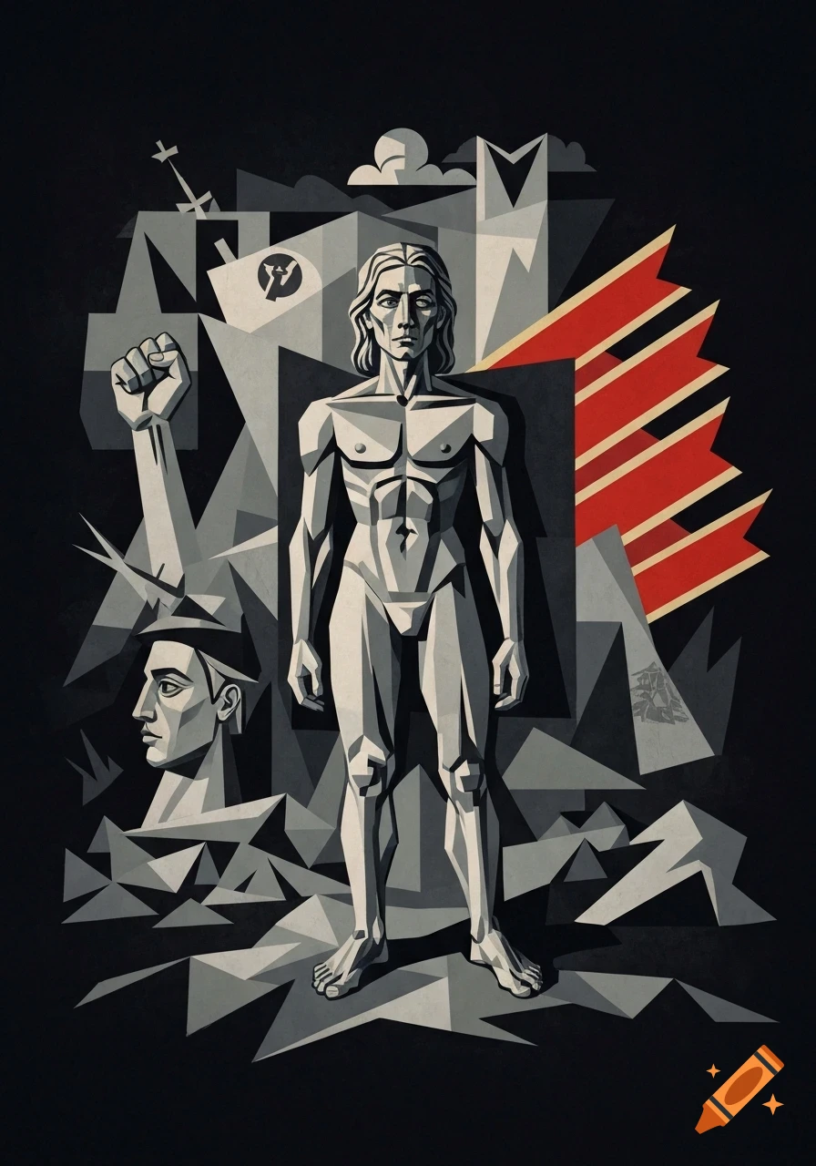 Stylized graphic combining Cubist elements with Soviet propaganda style, featuring a nude figure, raised fist, and geometric shapes.