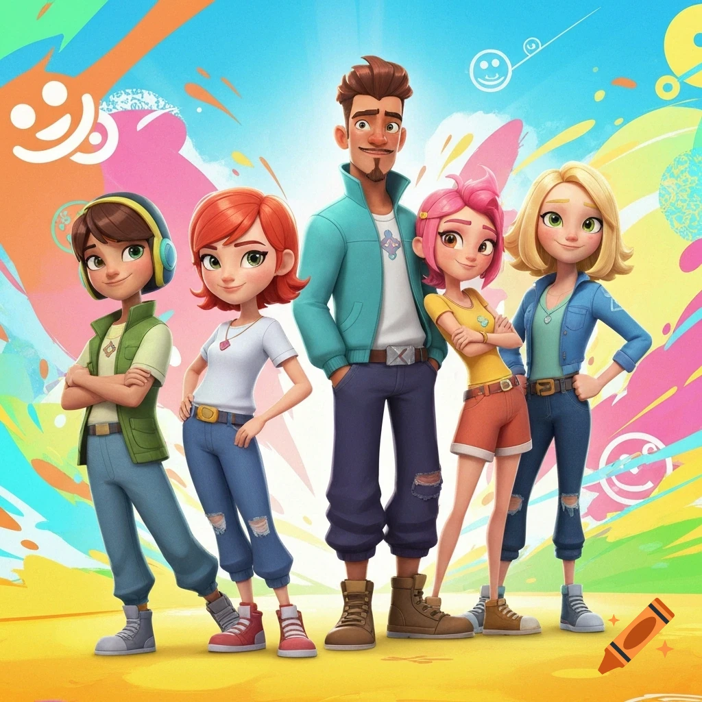 Five smiling, stylized animated characters (four female, one male) in casual attire stand against a vibrant, colorful abstract background.