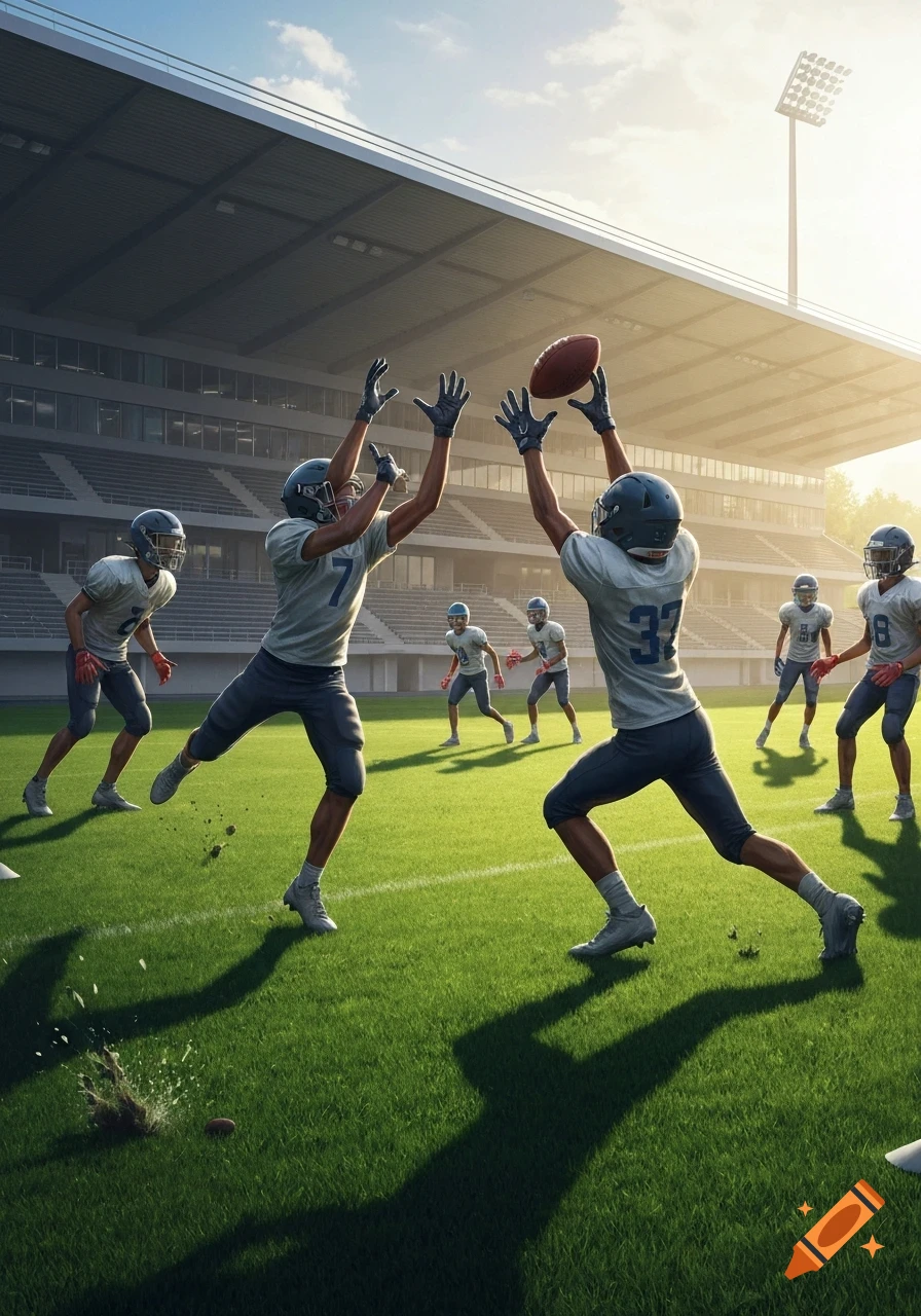 Photorealistic image of American football players in a stadium, one attempting to catch a pass, others on the field.