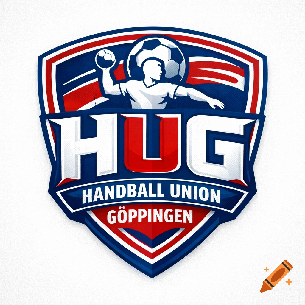 Red, white, and blue shield logo for Handball Union G 00f6ppingen (HUG) featuring a handball player throwing a ball.