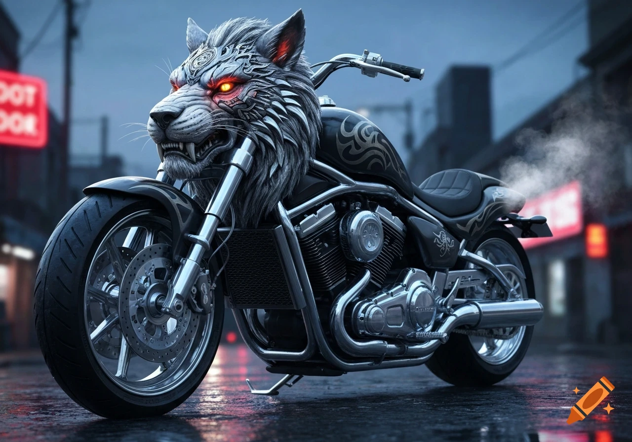 A custom black motorcycle with a detailed wolf head featuring glowing red eyes and chrome accents, parked on a wet street at night.