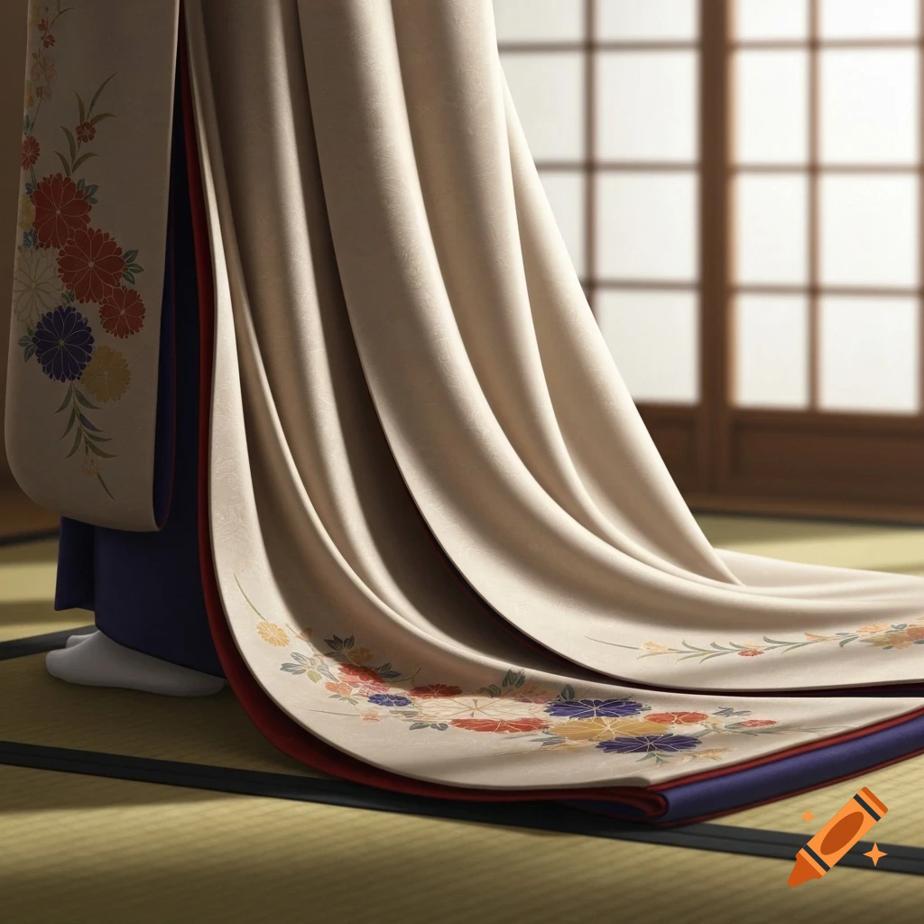 Close-up of a person in an elaborate cream-colored kimono with floral patterns, its fabric fanned on a tatami mat in a Japanese room.
