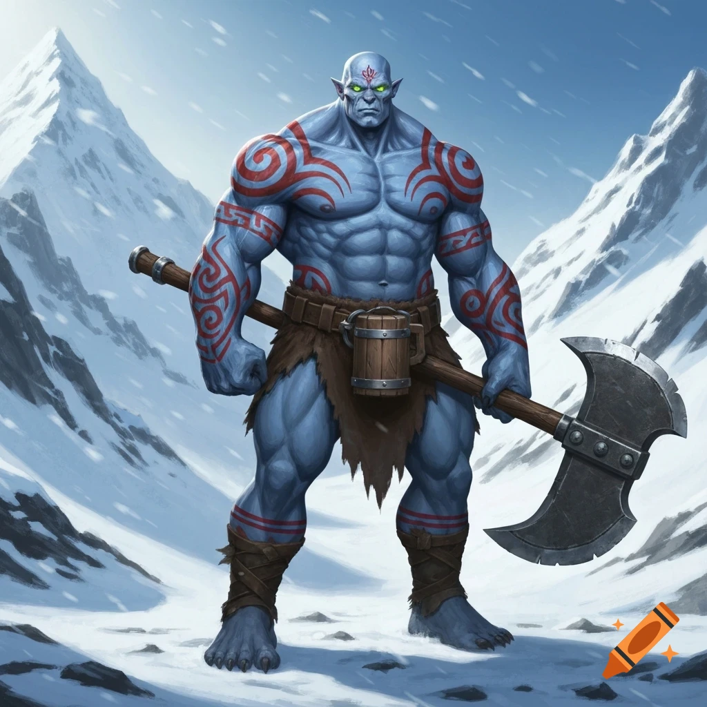 A muscular, blue-skinned D&D Goliath with red tattoos and glowing eyes stands in a snowy mountain landscape, wielding a greataxe.