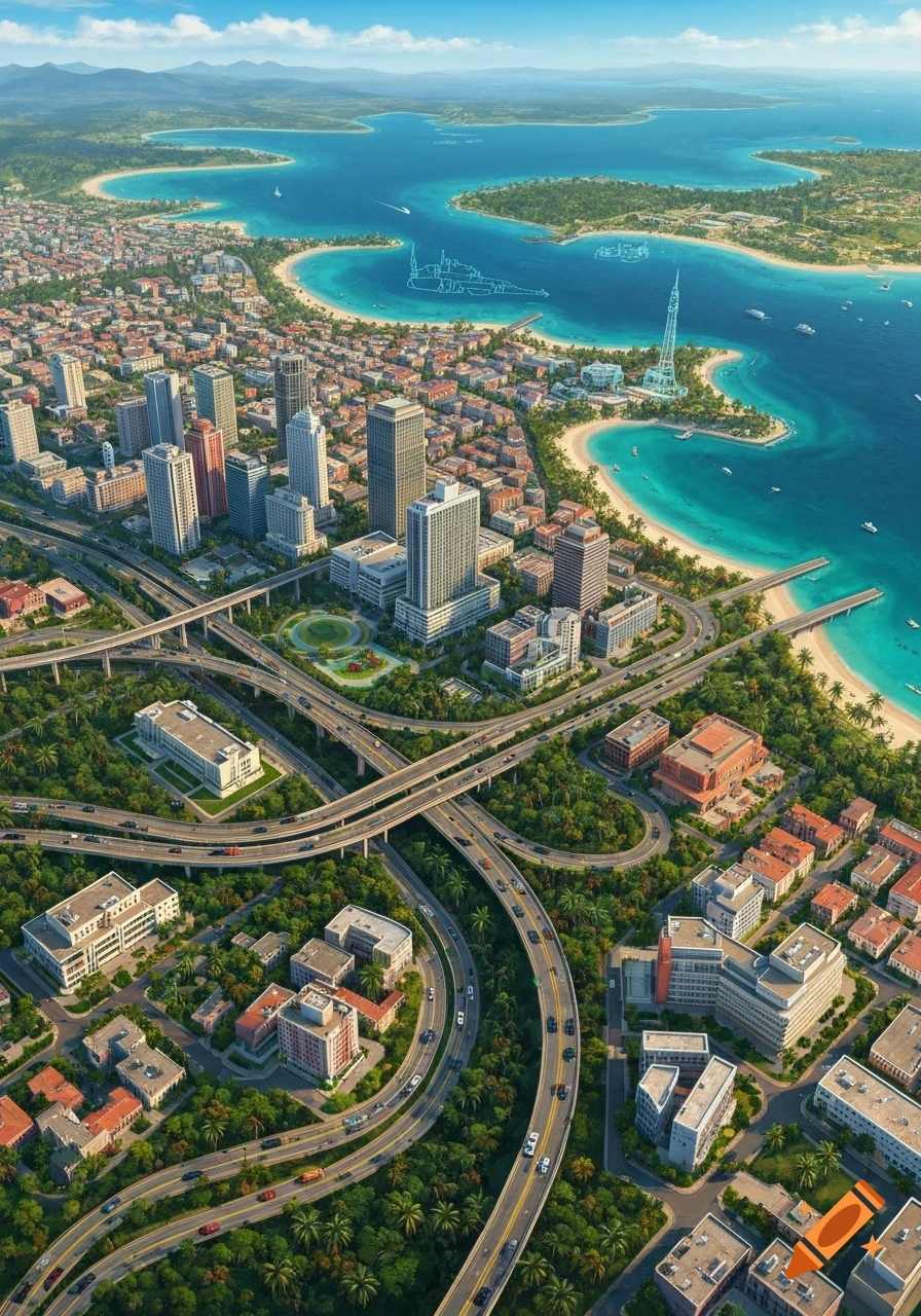 Aerial view of a vibrant coastal city with skyscrapers, winding highways, beaches, and boats in clear blue water.