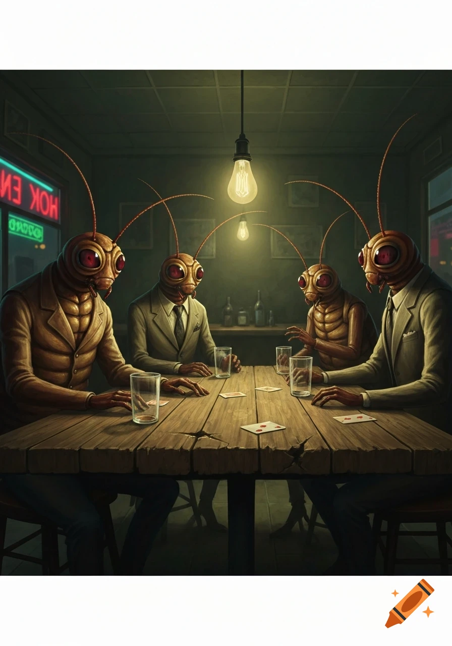 Four anthropomorphic cockroaches in suits sit around a wooden table in a dimly lit bar, playing cards.