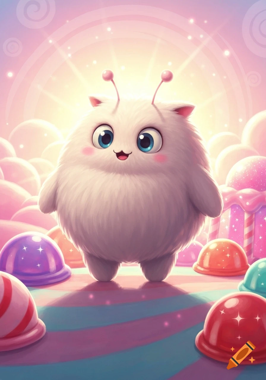 A fluffy white creature with large blue eyes and antennae stands on a striped candy surface amidst colorful sweets in a bright, whimsical setting.
