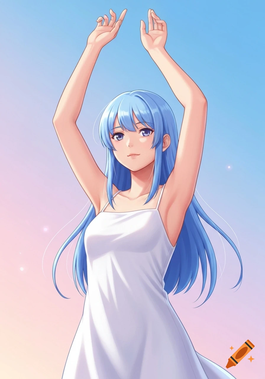 Anime girl with light blue hair in a white dress, arms raised, against a gradient sky.