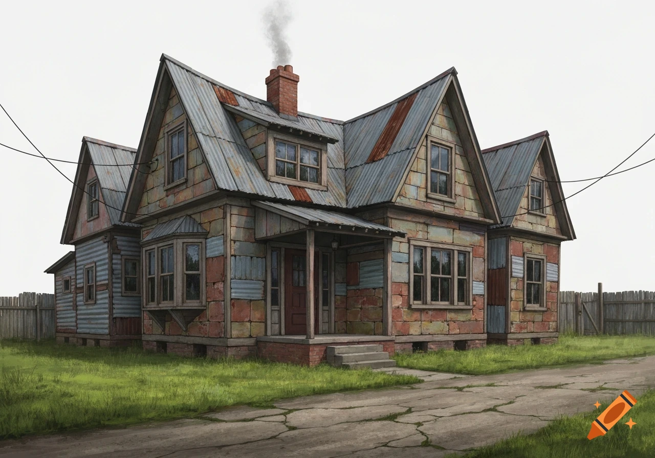 A dilapidated house with mismatched siding, a corrugated metal roof, a brick chimney, surrounded by cracked pavement and overgrown grass.