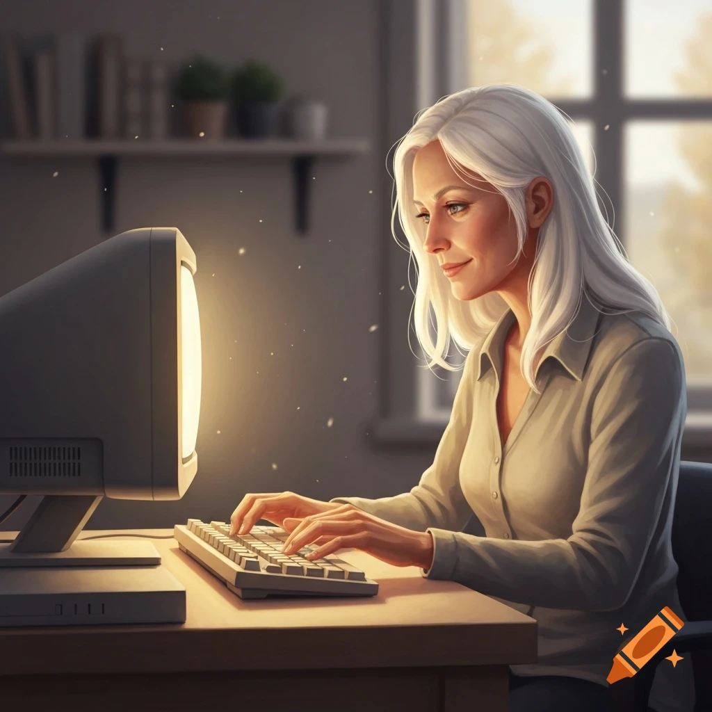A white-haired woman types on a retro desktop computer, bathed in the warm glow of its screen, in a softly lit office.