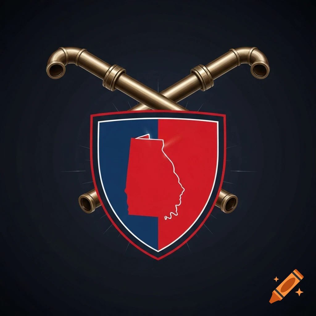 A red and blue shield with the outline of Georgia state in the center, crossed by two brass pipes at the top on a dark background.