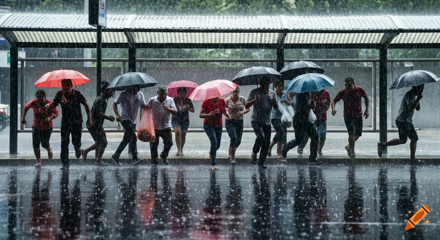 People run through heavy rain with umbrellas and bags toward a bus stop, with reflections on the wet asphalt, photorealistic.