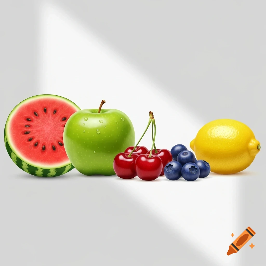 Photorealistic display of a half watermelon, green apple, cherries, blueberries, and a lemon on a light background.