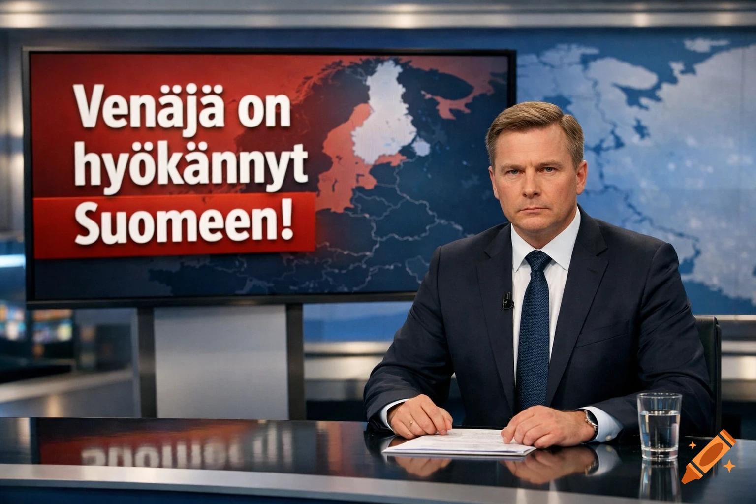 A male news anchor in a suit sits at a desk in a television studio, looking seriously at the camera. Behind him, a large screen displays a map with Finland highlighted and the text "Venäjä on hyökännyt Suomeen!" (Russia has attacked Finland!).