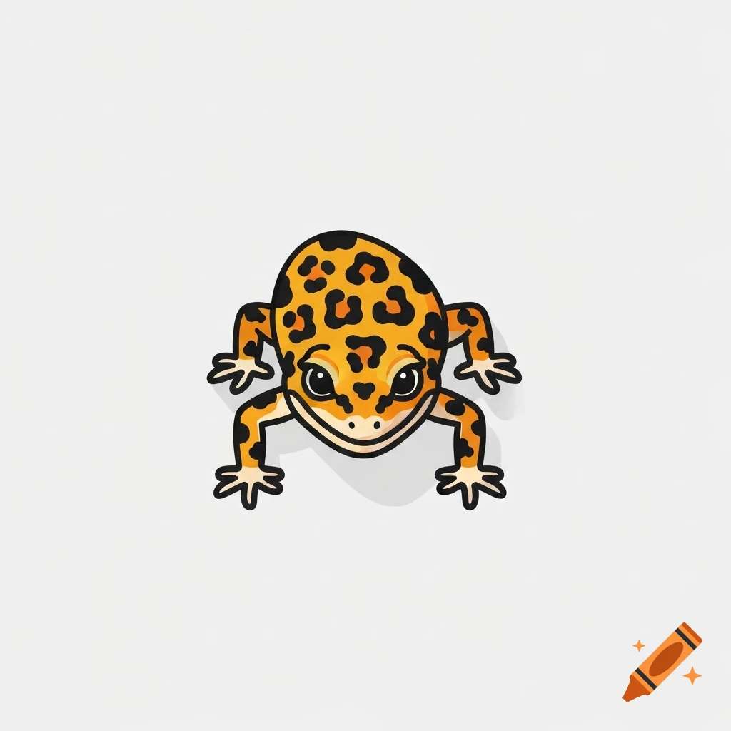 A cartoon leopard gecko illustration with orange and black spots, viewed from above, on a white background.