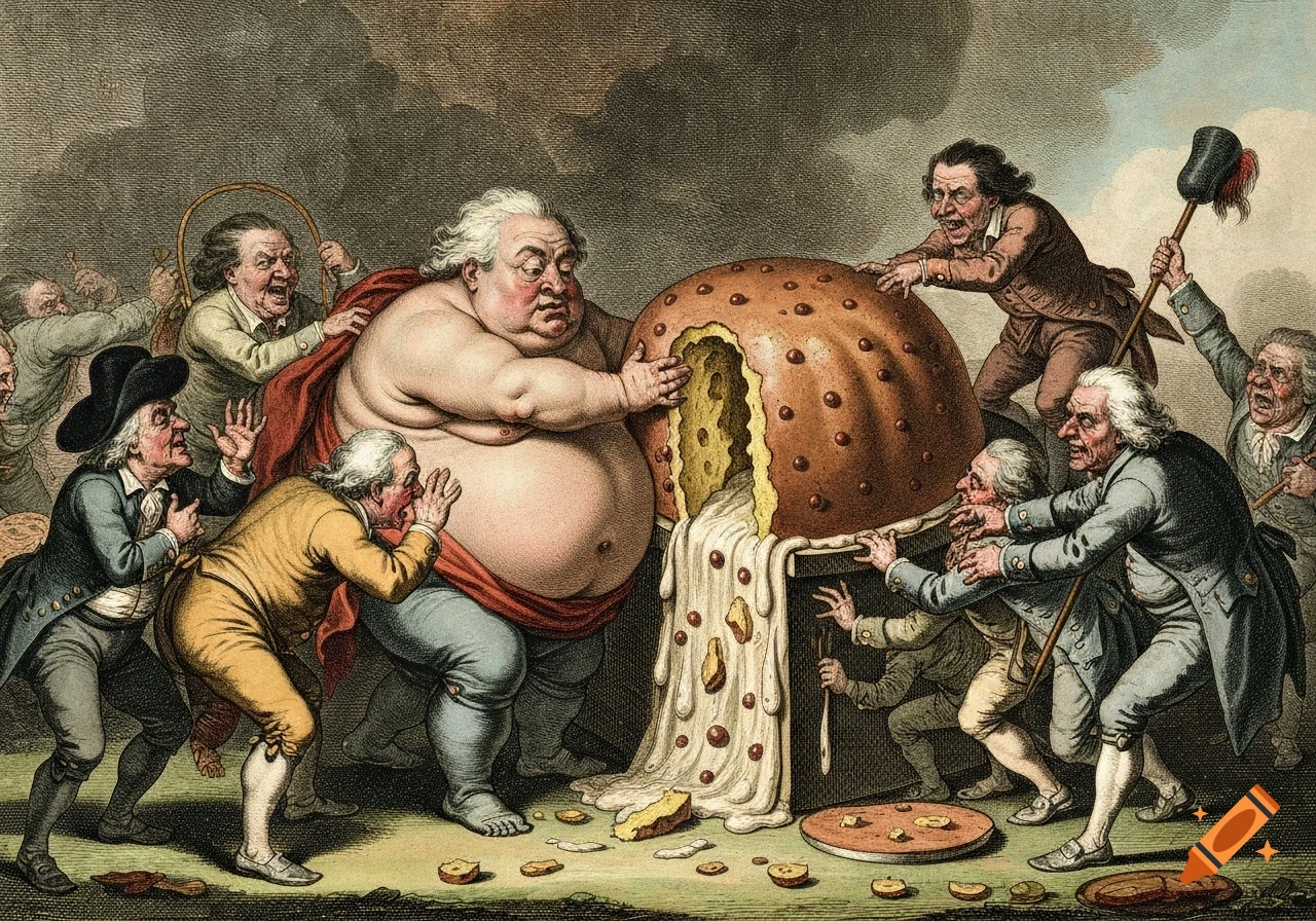 A colorful historical political cartoon depicting an extremely obese man breaking a giant plum pudding, as others react with alarm.