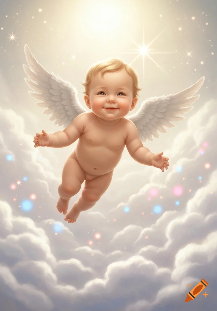 Smiling blonde baby angel with white wings flying above soft clouds in a bright, ethereal sky with sparkling lights.