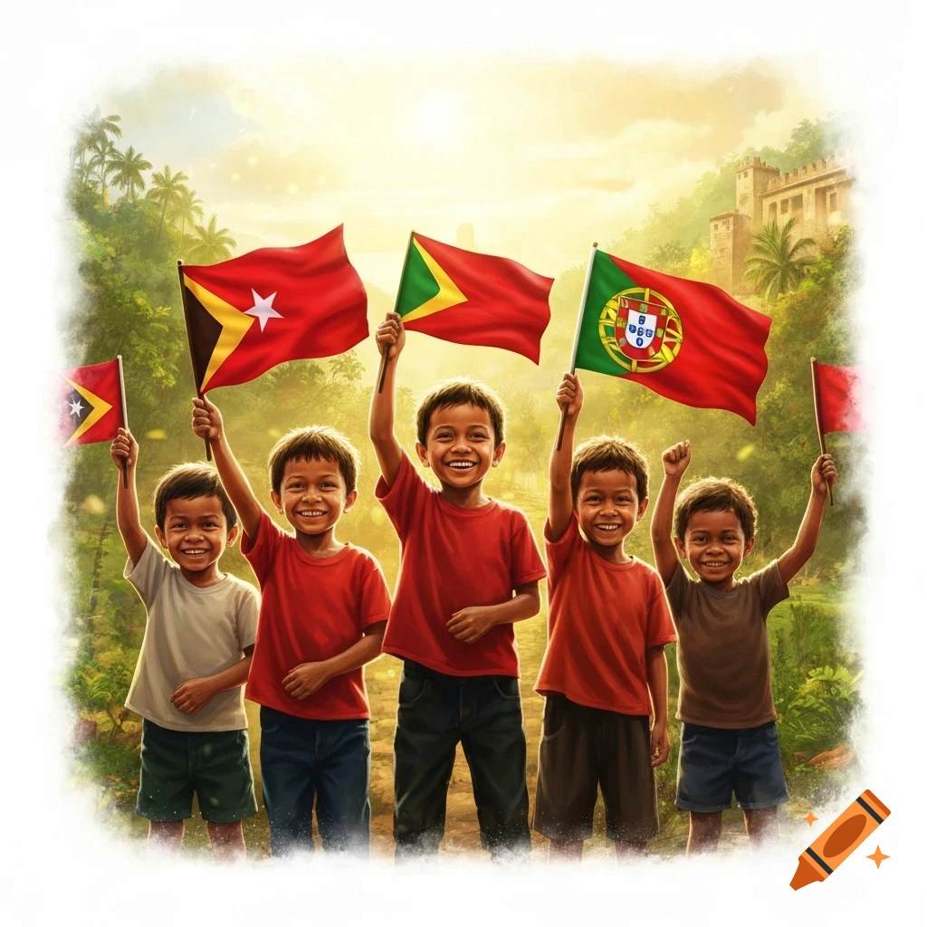 Five smiling children hold flags of Timor-Leste and Portugal in a vibrant, sunlit, painted landscape with tropical trees and a distant castle.