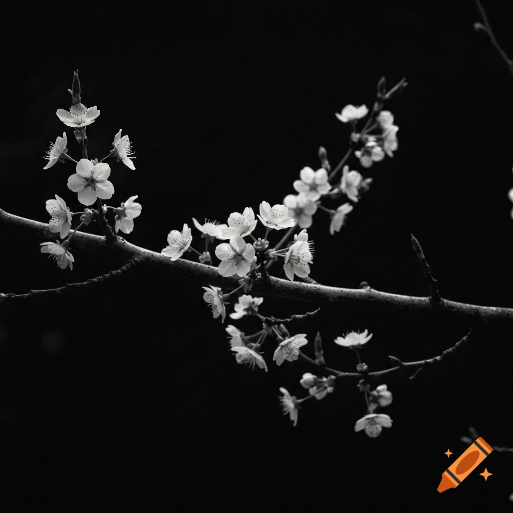 Ultra-realistic black and white close-up of cherry blossom branches with delicate flowers against a pitch-black background, with a grainy 35mm film aesthetic.