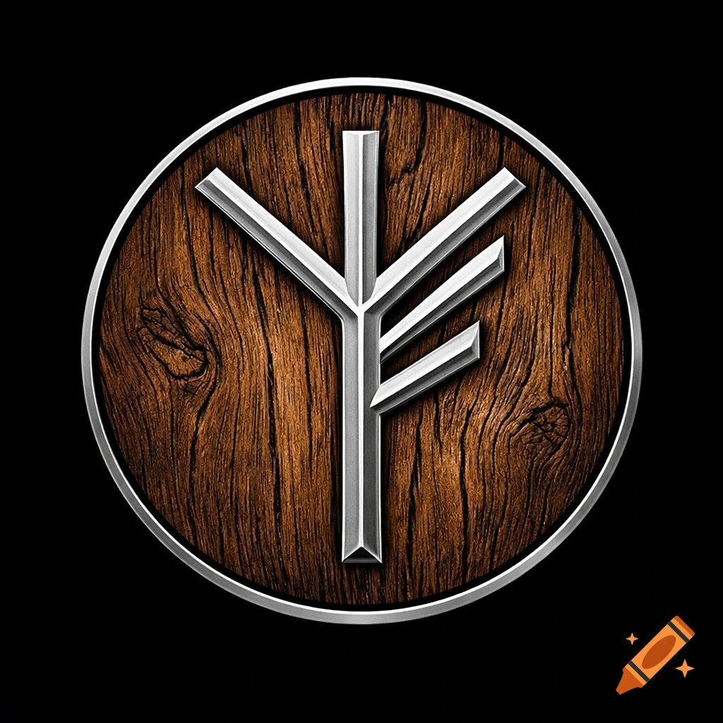 A modern, mystical logo combining the Algiz and Fehu runes in metallic silver on a circular dark wood background, framed by silver.