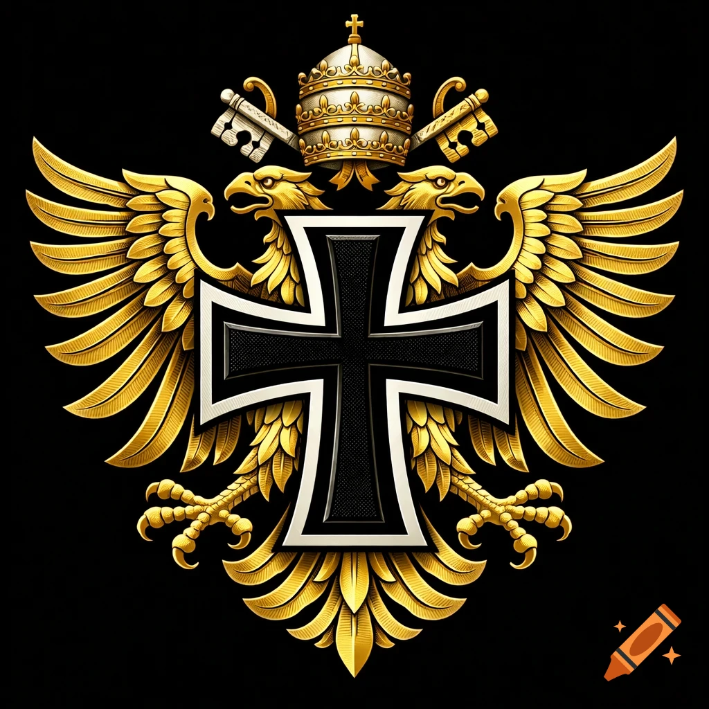 A golden double-headed eagle with a black and white cross on its chest, topped with a papal tiara and crossed keys.