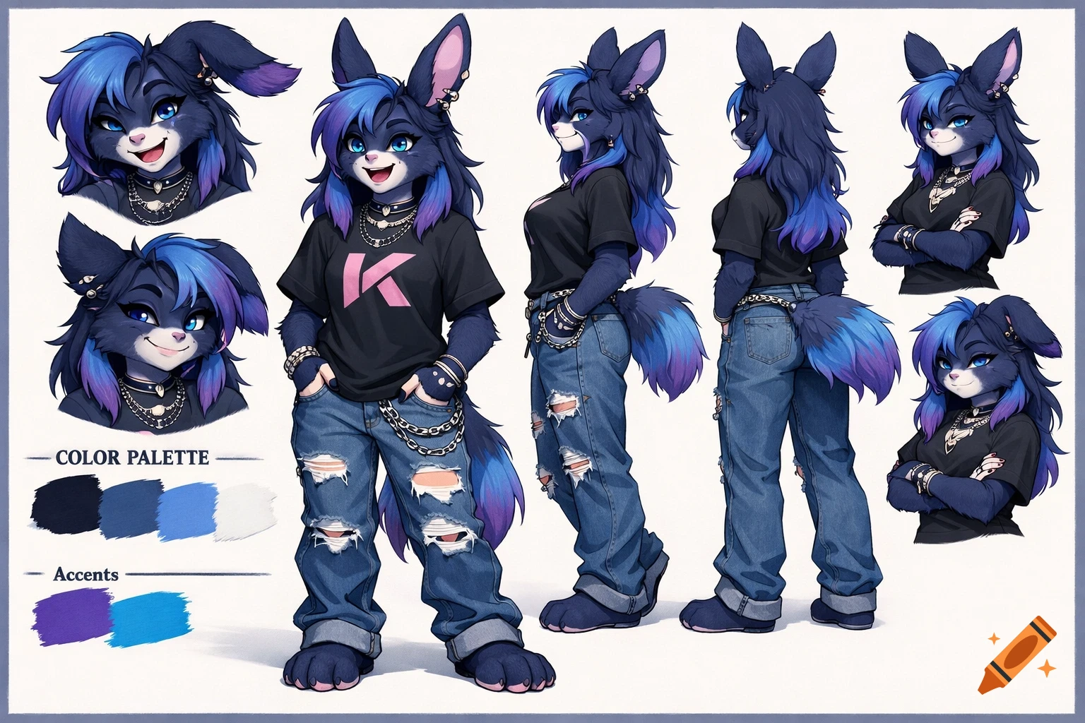 A digital art reference sheet of a dark blue bunny-wolf fursona with blue and purple hair, wearing a black K-shirt, ripped jeans, and jewelry.