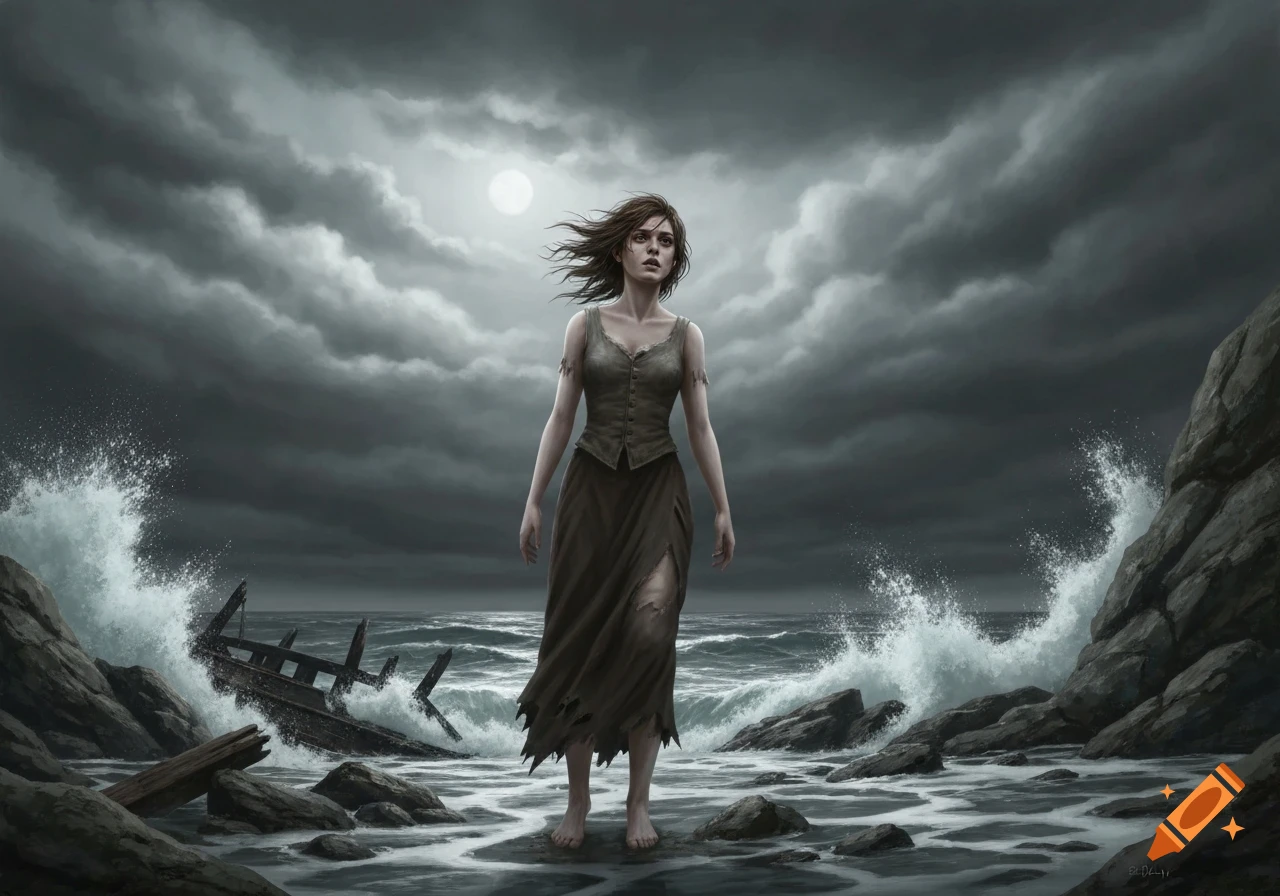 A shipwrecked young woman with wind-swept hair stands barefoot on a dark, rocky shore under a stormy, moonlit sky. Waves crash around a broken boat.