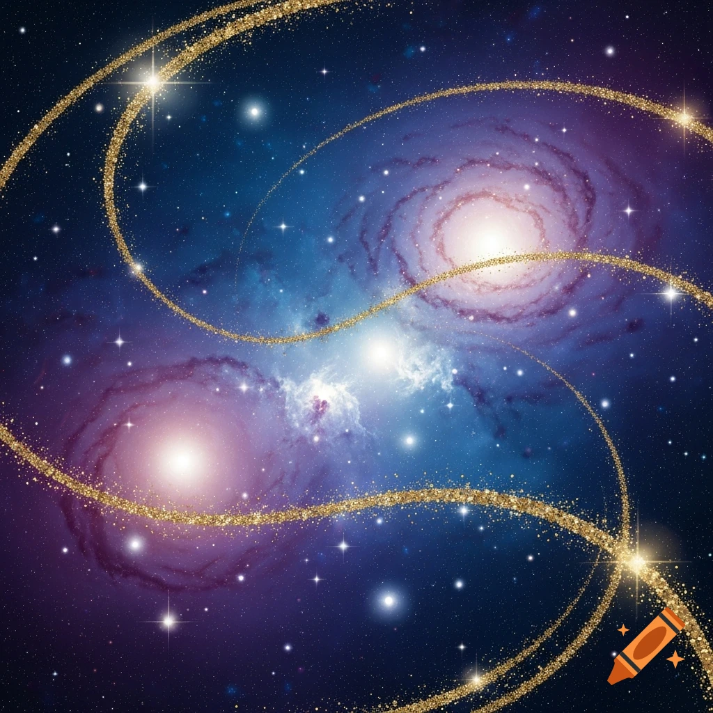 A vibrant blue and purple galaxy background with swirling gold glitter trails and stars.