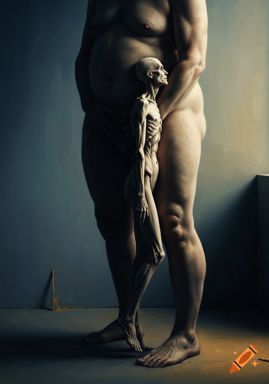 A painterly image shows a very thin, skeletal figure standing against the nude torso and legs of a very large, obese person in a dark room.