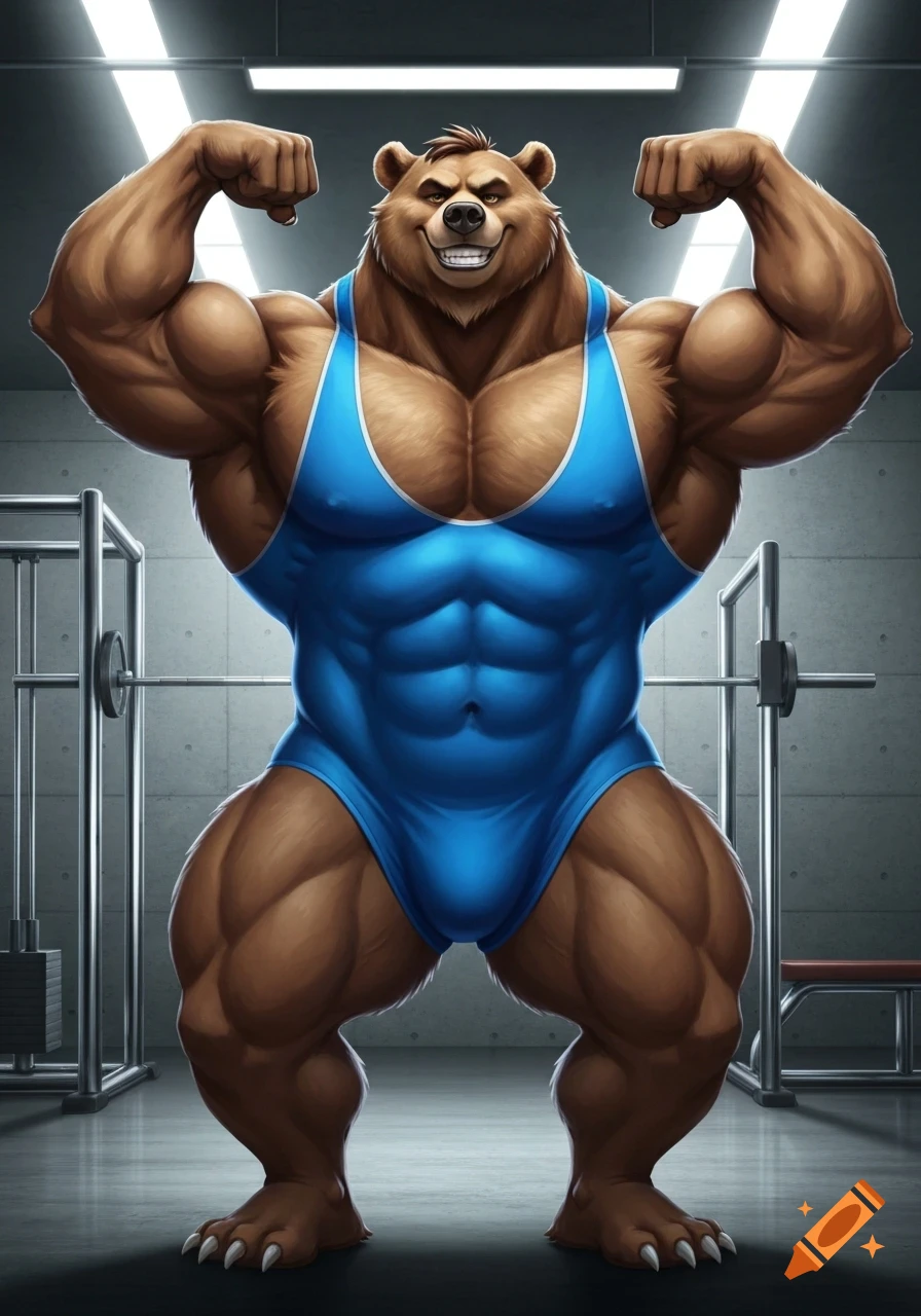 A muscular anthropomorphic brown bear in a blue singlet flexes and grins smugly in a cartoon gym setting.