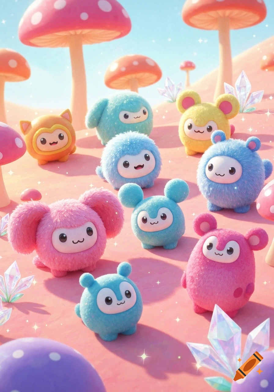 Many colorful, fluffy, cartoon creatures on a pink landscape with large mushrooms and sparkling crystals, in a whimsical digital art style.