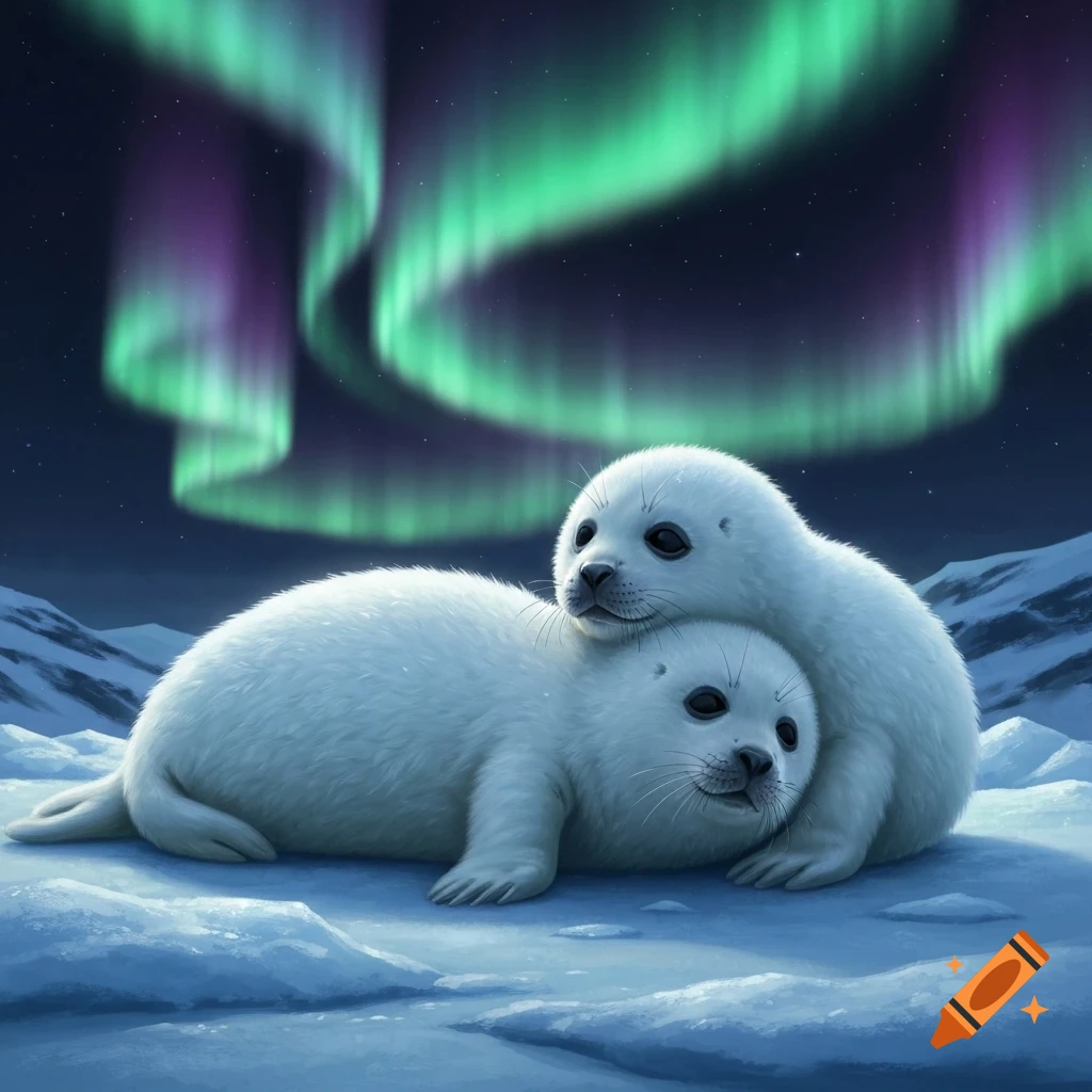 Two white baby seals cuddle on an icy landscape under vibrant green and purple Northern Lights.