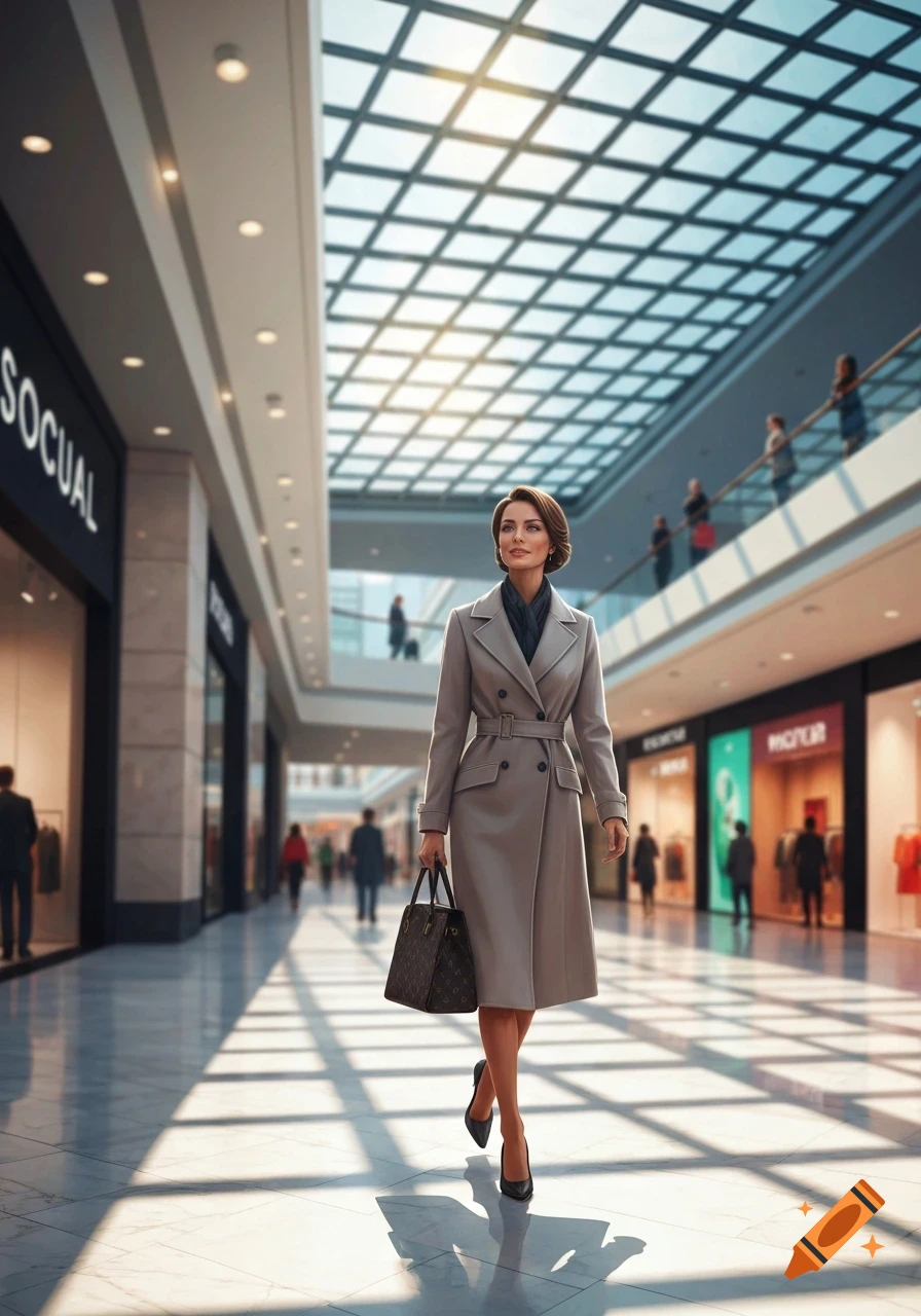A woman in a grey trench coat and black heels walks through a sunlit, modern shopping mall, carrying a handbag.