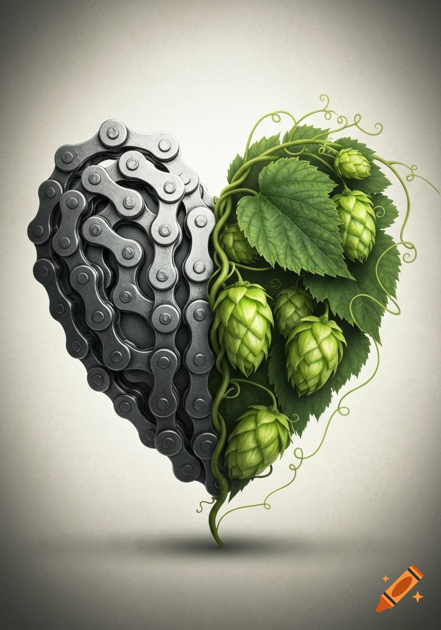 A heart shape composed of half a metal bicycle chain and half green hop vines with cones.