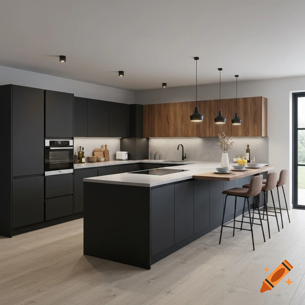A modern kitchen featuring black cabinets, a concrete-style island with an induction cooktop, and a wooden breakfast bar with three stools.