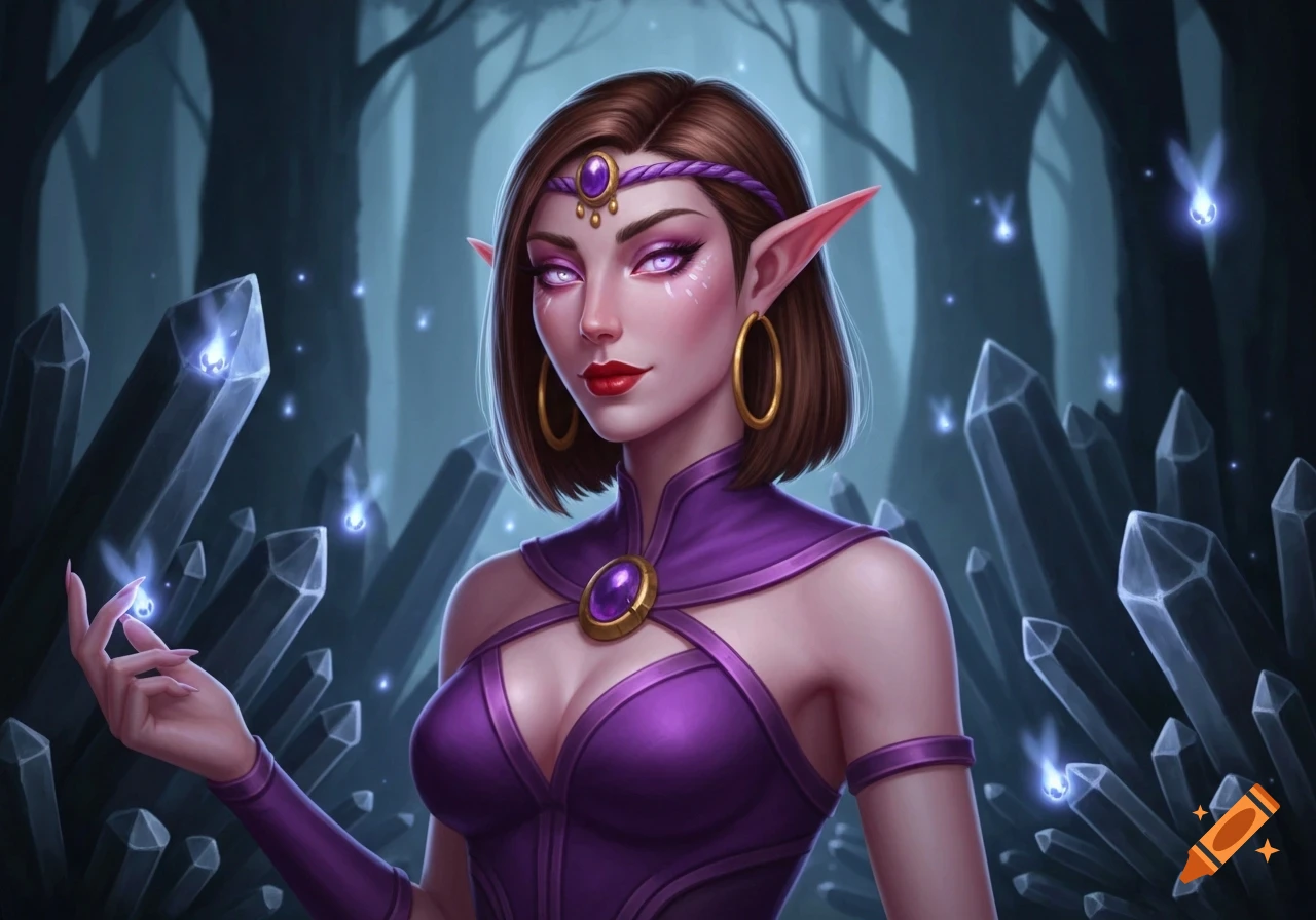 A detailed high fantasy illustration of an elf mage with purple glowing eyes, short brown hair, and purple attire, holding a glowing orb in a dark crystal forest.