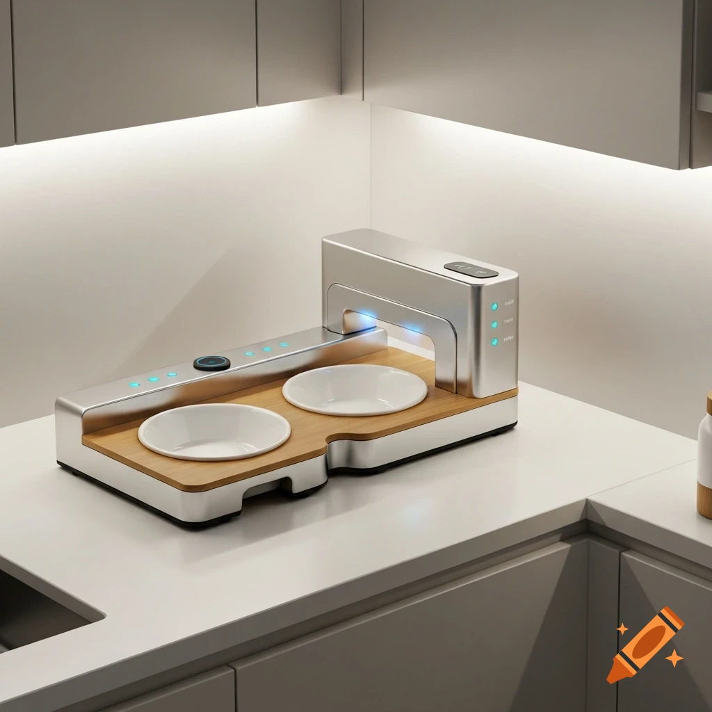 Modern silver and wood pet feeding station with two white bowls and blue indicator lights on a white kitchen counter.