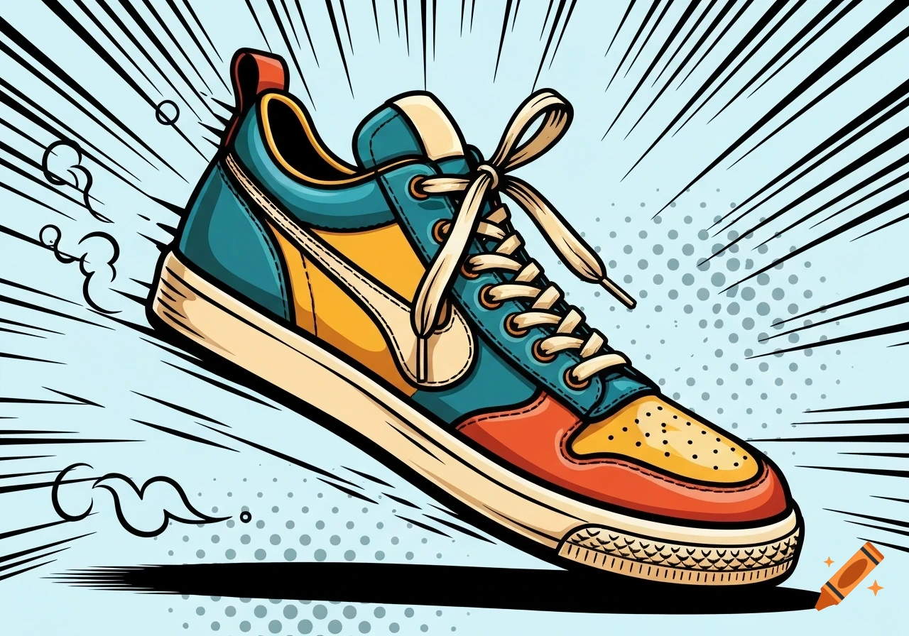 A colorful sneaker with yellow laces in a dynamic comic book style with speed lines and halftone dots.
