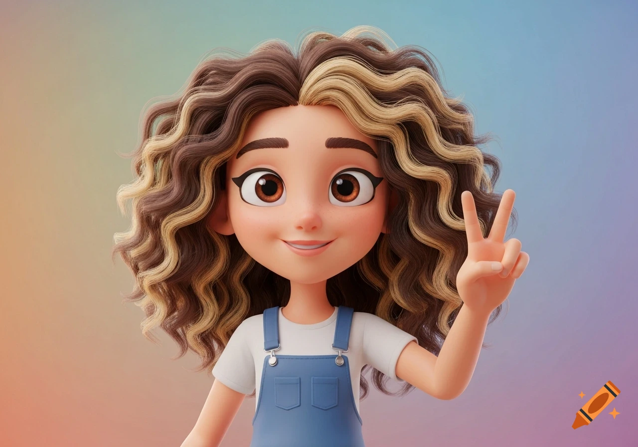 A smiling 3D cartoon girl with curly brown and blonde hair, wearing overalls, making a peace sign.