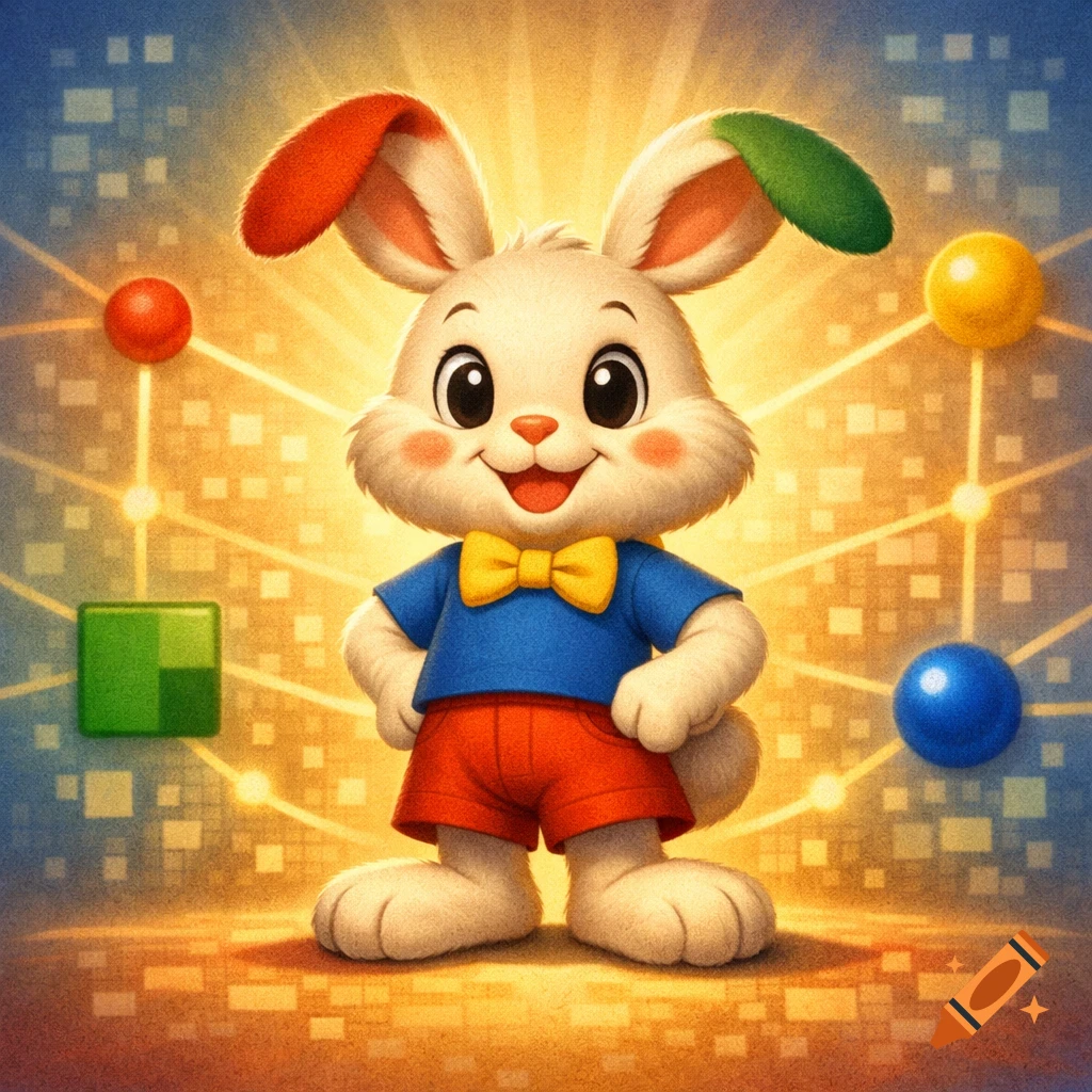 A cartoon bunny with red and green ears, blue shirt, red shorts, and yellow bow tie stands against a glowing digital background.
