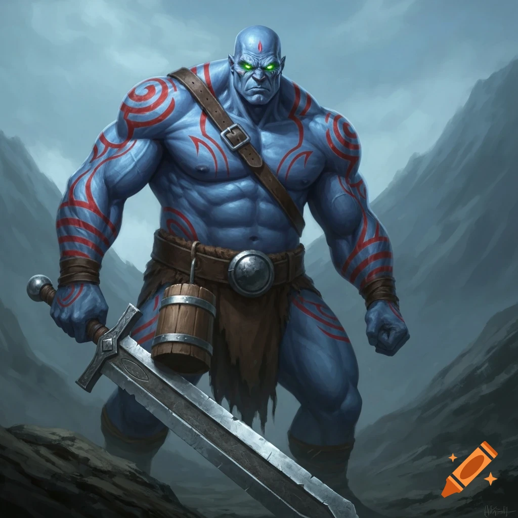 Muscular blue D&D Goliath with red tattoos, glowing green eyes, holds a greatsword and a tankard on his belt in a mountain pass.
