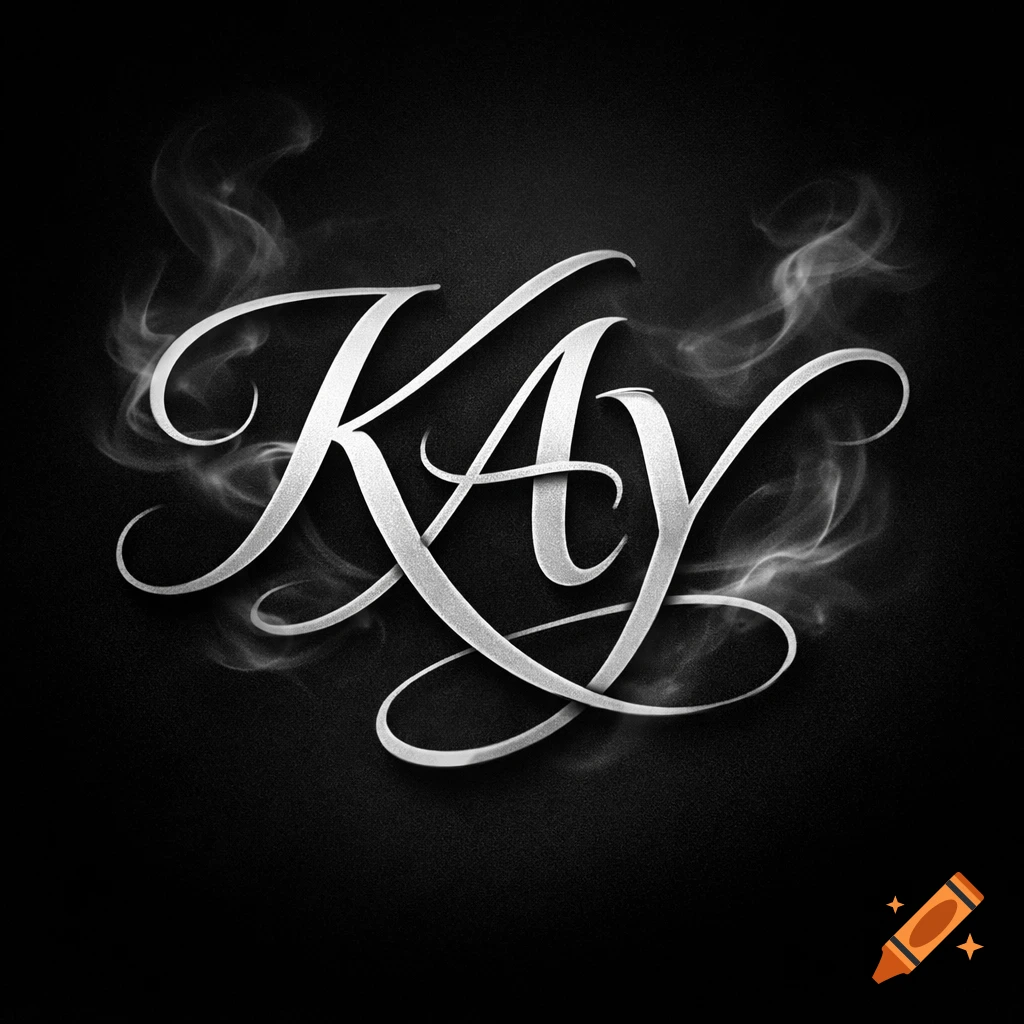 Stylized metallic cursive letters KAY with smoke on a black background.